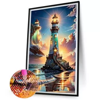 FE# 5D DIY Full Round Drill Diamond Painting Lighthouse Home Decor Art Craft 55x
