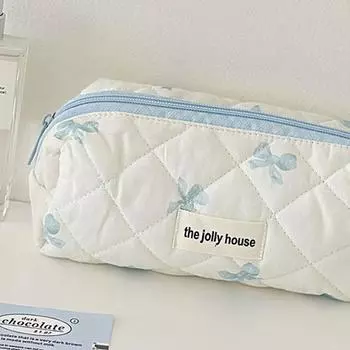FE# Милая косметичка с бантом, хлопковая стеганая косметичка, косметичка для женщин (синий