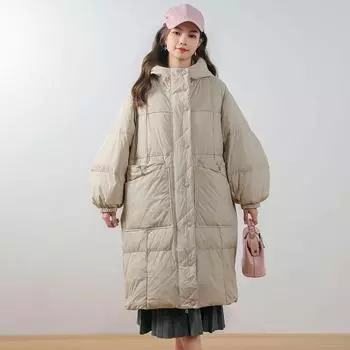 Feather 90 Down Средний и длинный белый утиный пух утолщенный однотонный свободный ретро литературный пуховик женское пальто M коричневый