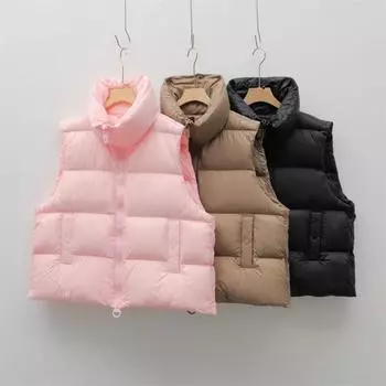 Перо 90 Белый гусиный пух Простой и универсальный осенне-зимний новый однотонный жилет теплый женский пуховый жилет S хаки