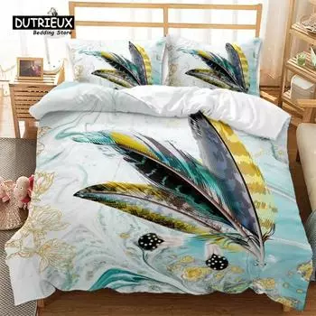 Feather Bedding Set Bohemia Style Abstract Geometric Print Duvet Cover Set Microfiber Comforter Cover King Queen For Kids Adults US King 264x228cm