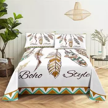 Feather, Dream Catcher Bedding Sheet Fashion Print Polyester Children Queen Bed Flat Sheet with Pillowcase Bedding Set Bed Sheet 150X230cm(2Pcs)&Flat Sheet