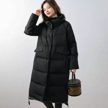 Feather новая женская 90-пуховая однотонная белая гусиная пуховая куртка средней и длинной длины для женщин утолщенная S чёрный