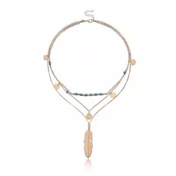 Feather Turquoise Bead Sequined Multi-layer Necklace
