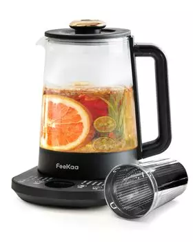 Feekaa Электрическая регулировка температуры Электрическая вода Кипячение Температура Чай Штамм Температура Время Большой Электронный Отверждение 800 Вт черный чайник, Стекло,