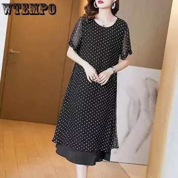 Feel Slippery Летняя черная свободная шифоновая юбка средней длины с короткими рукавами и круглым вырезом Свободная волнистая юбка в горошек M чёрный