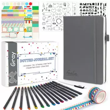 Feela Bullet Journal Synthetic A5 Dot Pen В комплекте блокнот, кожа, размер, график, (Серый)