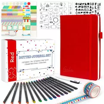 Feela Bullet Journal Synthetic A5 Dot Pen В комплекте блокнот, кожа, размер, график, (красный)