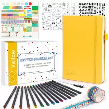 Feela Bullet Journal Synthetic A5 Dot Pen В комплекте блокнот, кожа, размер, сетка, (желтый)