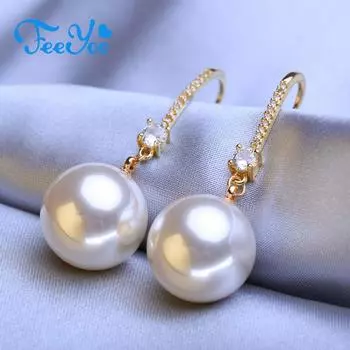 FEEYOO длинные серьги для женщин, модные серьги с кубическим цирконием, ювелирные изделия, свадебные серьги с искусственным жемчугом золотой