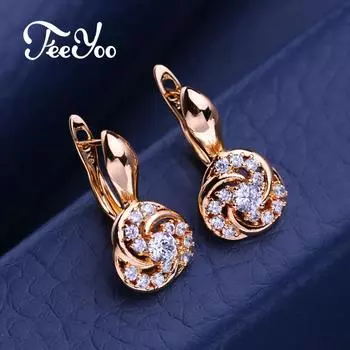 FEEYOO серьги-клипсы цвета розового золота, модные серьги с цветком для женщин, серьги-гвоздики с полым цирконием, ювелирные изделия A