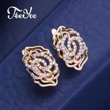 FEEYOO серьги-клипсы цвета розового золота, модные серьги с цветком розы для женщин, длинные висячие серьги с кубическим цирконием, ювелирные изделия A