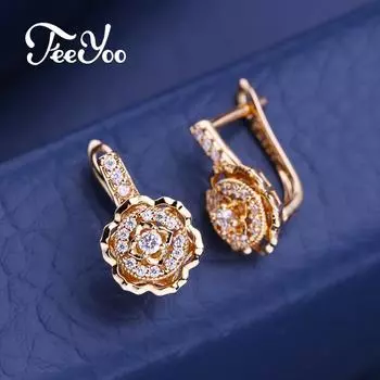 FEEYOO серьги-клипсы цвета розового золота, модные серьги с цветком розы для женщин, серьги-гвоздики с кубическим цирконием, ювелирные изделия A