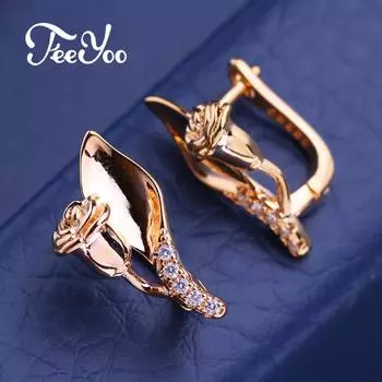 FEEYOO серьги-клипсы цвета розового золота, модные серьги с цветком розы для женщин, длинные висячие серьги с кубическим цирконием, ювелирные изделия A