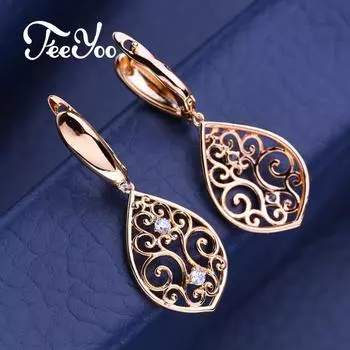 FEEYOO серьги-клипсы цвета розового золота, модные серьги с цветком для женщин, длинные висячие серьги с кубическим цирконием, ювелирные изделия A