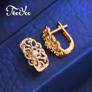 FEEYOO серьги-клипсы цвета розового золота, модные серьги с цветком для женщин, серьги-гвоздики с кубическим цирконием, ювелирные изделия A