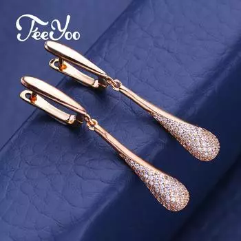 FEEYOO серьги-клипсы цвета розового золота, модные серьги с цветком для женщин, длинные висячие серьги с кубическим цирконием, ювелирные изделия A