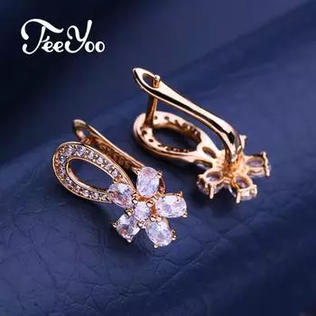 FEEYOO серьги-клипсы цвета розового золота, модные серьги с цветком для женщин, серьги-кольца с кубическим цирконием, ювелирные изделия A