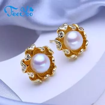 FEEYOO серьги с натуральным пресноводным жемчугом для женщин и девочек, модные классические серьги-гвоздики золотого цвета с цветком, подарок на годовщину белый