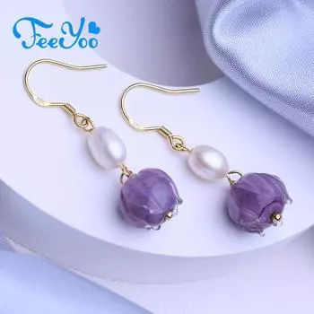 FEEYOO серьги с натуральным пресноводным жемчугом для женщин и девочек, модные классические серьги-капли с фиолетовым цветком белый