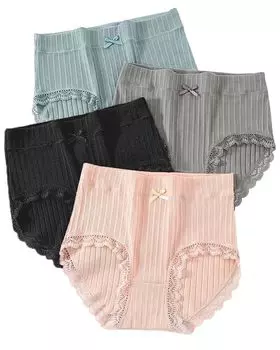 FEIRDIYA Хлопок Однотонный Идеально для ягодиц Женские трусики глубокой посадки, Набор из 4 штук, Нижнее белье, С высокой талией, Цвет, [Код товара]