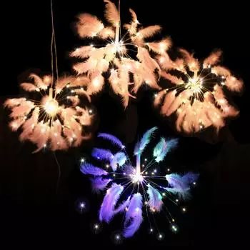 Фейерверки, 100 светодиодных перьев, звездообразные гирлянды, пульт дистанционного управления, батарея, 8 режимов USB теплый белый