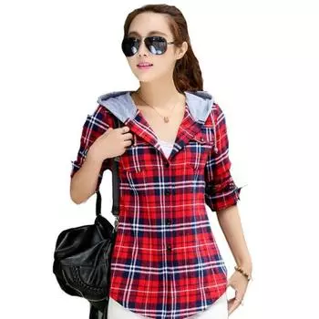 FEKEHA 2022, женские блузки с двумя карманами, повседневные хлопковые толстовки с капюшоном, рубашки в клетку, женские топы Blusas Feminina M красный