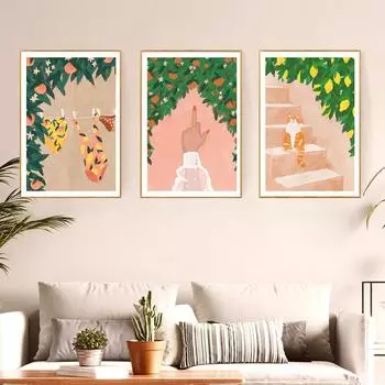 Feline Tropical Paradise Arabian Vibes Art Print Summer Tiles Bohemian Botanicals Lemons Canvas Painting Boho Home Decor Poster 21x30cm No Framed