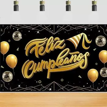 Feliz cumpleaos Фон на испанском языке для дня рождения, черные золотые шары, украшение сцены на день рождения, баннер, фоны для взрослых фотографий