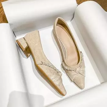 Женские туфли 2024 года, весна, новые, неглубокие, на среднем толстом каблуке, нежные, феи, женские туфли с острым носком, французские, одинарные 34 абрикосовый