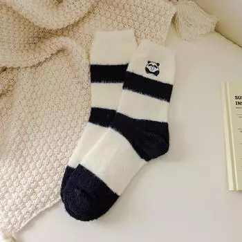 Female Autumn and Winter Plus Thick Velvet Warm Cute Panda Striped Sleep Tube Socks 1 pair