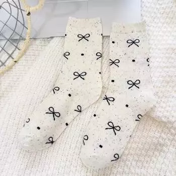 Female Autumn and Winter Point Yarn Bowknot Stripe Lovely All Build In Tube Cotton Socks 1 pair