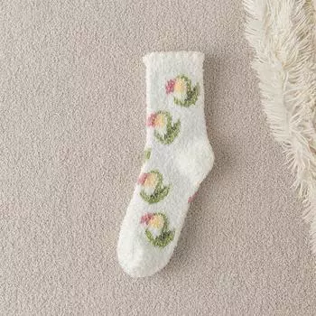 Female Autumn and Winter Thickened Lovely Tender Flowers Do Not Drop Hair Sleep Floor Socks 1 pair