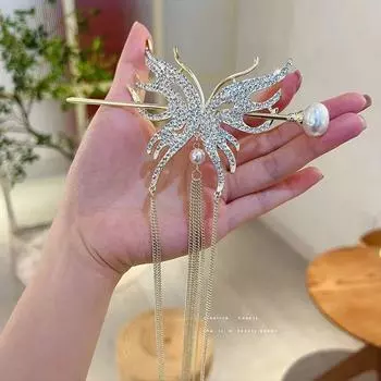 Female Butterfly Pearl Tassel Rhinestone Hair Sticks for Women New Headwear Chinese Style Disk Hair Clip Accessories