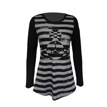 Female Casual Tops, Striped Round Neck Long Sleeve Pullover Blouse for Spring Autumn, S/M/L S чёрный