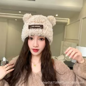 Female cute new autumn and winter bear plush ear protection knitted hat fashion wool hat warm ear protection hat one size fits all хаки