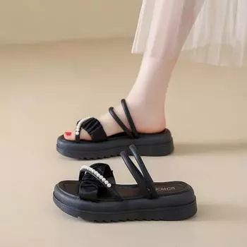 Female fashion Internet celebrity pearl slippers 2025 summer new wear flat bottom non-slip soft bottom versatile Roman cool slippers 35 бежевый