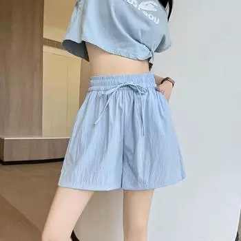 Female Ice Silk Lace Up Short Pants Women Classic Korean Loose High Waisted Shorts Lady Solid Casual Vacation Wide Leg Slacks 2XL