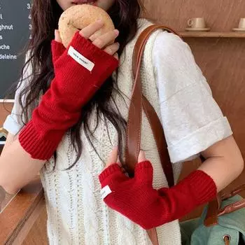 Female K-style Easiest for Match Solid Color Woolen Knitting Heattech Student Cold Protection in Autumn and Winter Open Finger Touch Screen Oversleeve Red One size