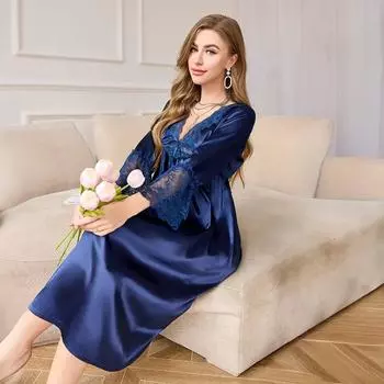Female Long Sleepdress Nightgown Silky Satin Home Clothing Nightdress Elegant French Court Style Nightwear Loose Lounge Wear M