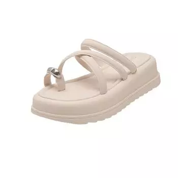 Female Sandal Comfort Shoes for Women With Heel Cross 2025 Summer Muffins shoe Girls Beige New Velvet Thick Low Beach Fash 35