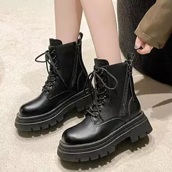 Female Shoes on Sale 2024 New Lace Up Zipper Women s Boots Winter Round Toe Solid Plush Warm Mid Heel Water Proof Fashion Boots 35