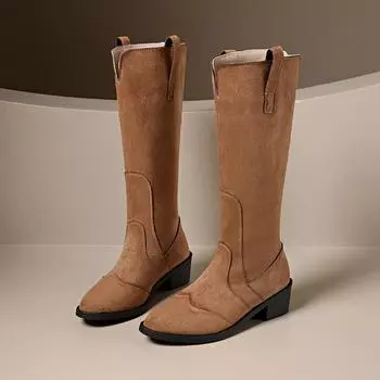 Female Shoes on Sale 2024 New Sleeve Women s Boots Winter Suede Warm Solid High Tube Chunky Heels Large Size Fashion Boots 36 чёрный