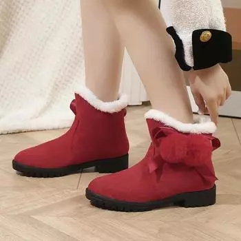 Female Shoes on Sale 2024 Sleeve Women s Boots Winter Round Toe Plush Fleece for Warmth Solid Short Barrel Low Heels Snow Boots 35 чёрный
