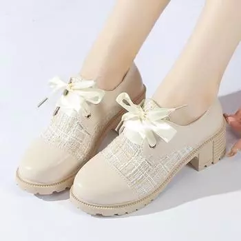 Female Shoes on Sale Fashion Lace Up Women s Pumps Spring Autumn Round Toe Mixed Colors Dress Chunky Heels Plus Size Shoes 35 бежевый