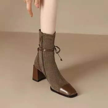 Female Short Shoes Bow Tie Retro Elegant With Medium Heels Women s Ankle Boots Autumn Chic Pu Winter 2024 Comfortable 39 Booties 34