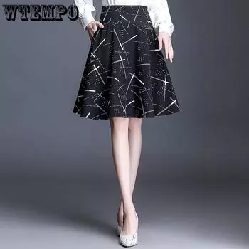 Female Simple Temperament High Waist A Line Half Skirt Spring Fashion Commuter Swing Pleated Skirt Print Thin Versatile Puffy Skirt M чёрный