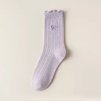 Female Spring and Autumn Embroidery Bow Wooden Ear Edge Boneless Drum Pile Pile Cotton Socks 1 pair