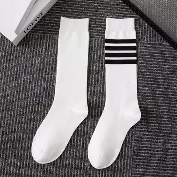 Female Spring and Autumn Four Bar Stripes Thin Pure Cotton College Wind Tall Leg Socks 1 pair