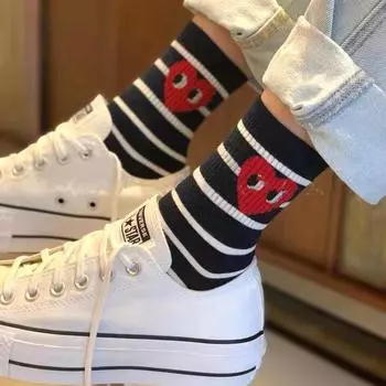 Female Spring and Autumn Leisure Personality Stripe Wave Point Solid Color Love Movement In Tube Cotton Socks 1 pair